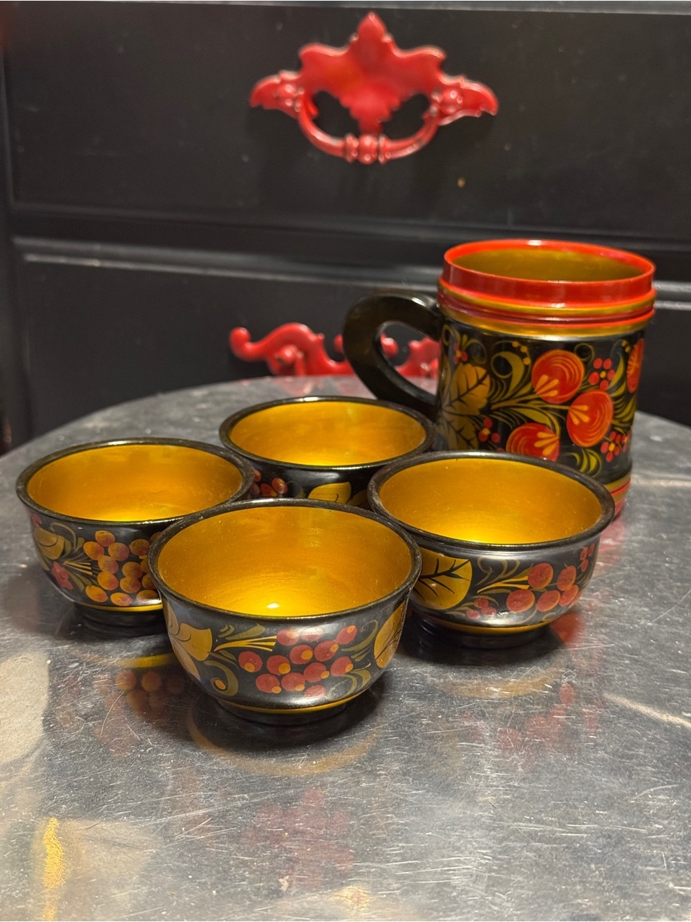 Vintage Russian Khokhloma Lacquer Wood Tea Set 5pc USSR